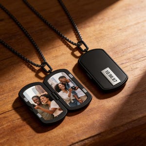 Personalized Men's Photo Locket Necklace,Custom 2 Photo Pendant with Text, Gift for Husband, Boyfriend, Dad, Memorial Keepsake,Gift for Him