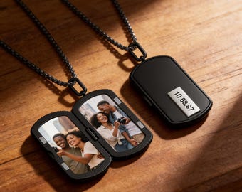 Personligt fotomedaljonghalsband för män, anpassat hänge med två foton och text, present till make, pojkvän, pappa, minnessak, present till honom