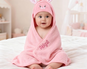 Toalha de bebê personalizada com capuz, veludo coral macio, orelhas de coelho.
