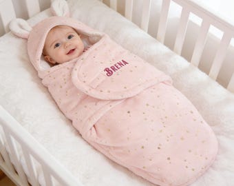 Saco de dormir personalizado com nome para bebê | Manta de flanela com orelhas de coelho