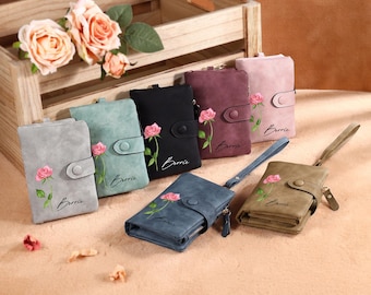 Cartera de cuero personalizada para mujer, con nombre personalizado y flor del mes de nacimiento, monedero con cremallera, tarjetero, regalo para mamá