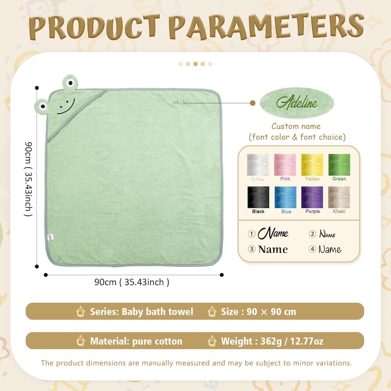 Pode incluir: Toalha de banho para beb&eacute; verde claro com capuz de r&atilde;, medindo 90 cm por 90 cm. A toalha &eacute; feita de algod&atilde;o puro e pesa 362 g. Detalhes do produto incluem op&ccedil;&otilde;es de bordado de nome personalizado.