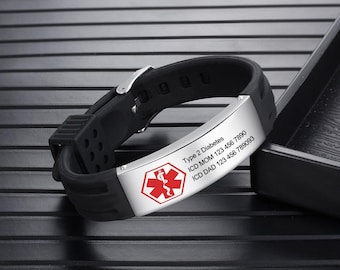 Custom Engraved Silicone Medical Alert Bracelet, Waterproof Sport ID