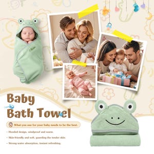 Pode incluir: Uma toalha de banho para beb&eacute; verde claro com capuz de r&atilde;. A toalha est&aacute; enrolada em volta de um beb&eacute;. A imagem tamb&eacute;m inclui fotos de fam&iacute;lia e o texto "Baby Bath Towel" e "What you use for your baby needs to be the best."