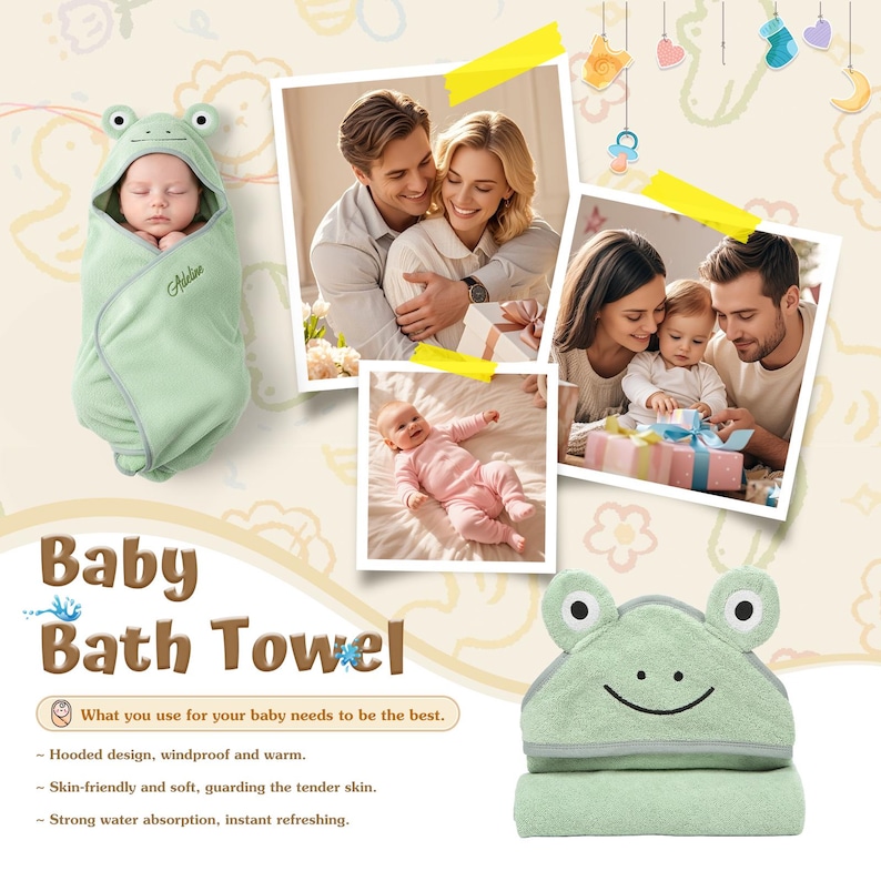 Pode incluir: Uma toalha de banho para beb&eacute; verde claro com capuz de r&atilde;. A toalha est&aacute; enrolada em volta de um beb&eacute;. A imagem tamb&eacute;m inclui fotos de fam&iacute;lia e o texto "Baby Bath Towel" e "What you use for your baby needs to be the best."