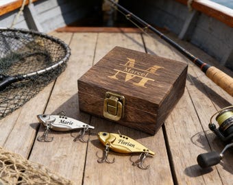 Aangepaste naam vissen lokken met houten kist, gepersonaliseerd visserscadeau voor vader, opa, echtgenoot, verjaardag of vaderdag aandenken