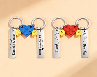 Personalisierte Emoji Schlüsselbund Set, passende Schlüsselanhänger, niedliches Baustein Herz Geschenk für Paare, Valentinstag Jahrestag Presen, Geschenk für ihn