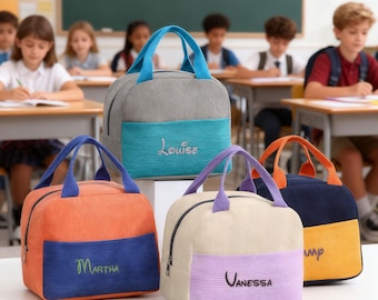 Personalized Kids Lunch Bag,Custom Name Kids Lunch Bags,Monogram Handmade Corduroy Lunch Bag,Insulated lunch bag，Kid's Lunch Box