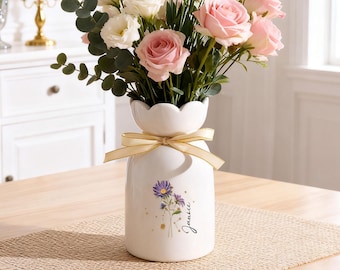 Personalized Birth Flower Ceramic Vase, Custom Name Ceramic Vase,  Zodiac Sign Vase,Birthday Gift for Mom, Housewarming Gift, Home Decor