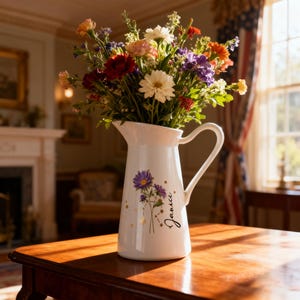 May include: A white ceramic jug with a handle, filled with a colourful bouquet of flowers. The jug is adorned with purple flowers and gold dots, and the name "Janice" is written on the side.