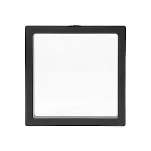 May include: A square, black shadow box with a clear, transparent front. The frame is a solid black color, and the interior is white. The shadow box is designed to display items and is suitable for various decorative purposes.