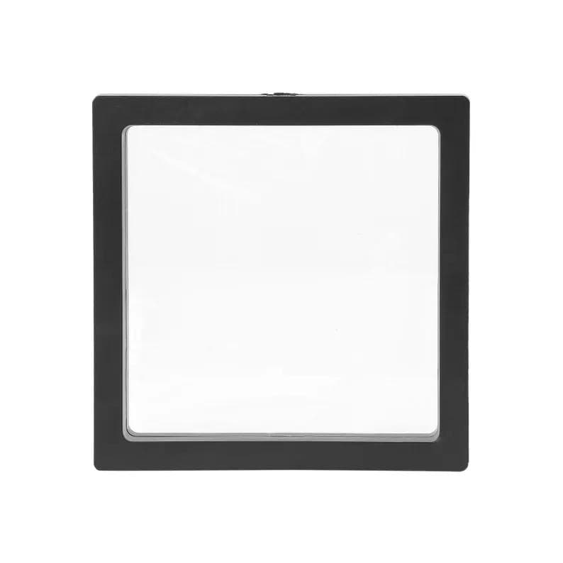 May include: A square, black shadow box with a clear, transparent front. The frame is a solid black color, and the interior is white. The shadow box is designed to display items and is suitable for various decorative purposes.
