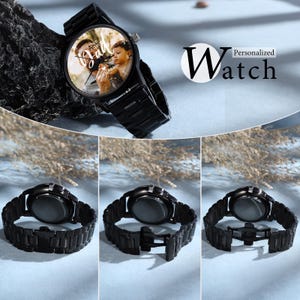 May include: Black watch with a photo on the face, featuring a man and a child. The watch has a black band and the text "Love You Dad" and "Michael". The image also includes the text "Personalized Watch".
