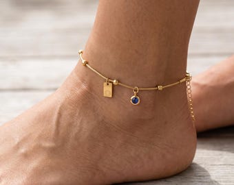 Tobillera con inicial, personalizada, con letra, con piedra de nacimiento, minimalista, pulsera, conjunto de joyas, joyas de verano