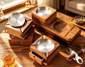 Cenicero de puros moderno y personalizado de nogal, cenicero con soporte para vaso de whisky, cenicero de madera para puros con soporte para vaso de whisky, excelentes regalos para hombres.