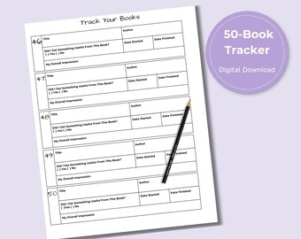 50-Book Tracker, Printable Log, Track Your Reads (PDF Download)