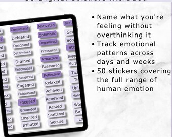 Digital Planner Stickers | Mood Tracker & Emotion Words | 50 Text PNG | Wellness Journal iPad