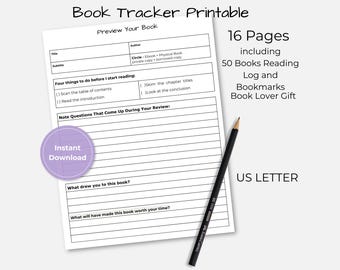 Book Tracker Printable, 50 Books Reading Log with Bookmark, Book Lover Gift, Digital Download