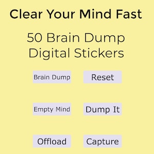 Puede incluir: Anuncio de pegatinas digitales sobre un fondo amarillo. El texto dice "Clear Your Mind Fast" y "50 Brain Dump Digital Stickers". Se muestran seis botones rectangulares con frases como "Brain Dump" y "Reset".