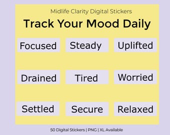 Digital Planner Stickers | Mood Tracker & Emotion Words | 50 Text PNG | Wellness Journal iPad