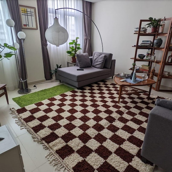 ハンドメイドウールチェッカーボードラグ：モロッコラグ ブラウン