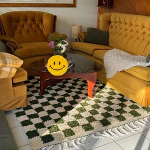 Handmade Wool Checkered Rug: Green Olive & White Moroccan Design