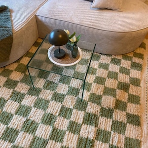 Handmade Wool Checkered Rug: Moroccan Light Green Checkerboard
