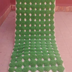 Handmade Wool Moroccan Runner Rug: Bright Green Berber Pom Pom Style