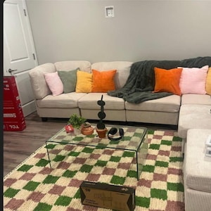 Handmade Wool Checkerboard Rug: Pink & Green Moroccan Design