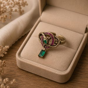 Gold Plated Snake Ring, Green Gemstone Serpent Ring, Vintage Gothic Dangle Statement Jewelry
