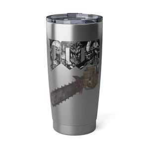 DOOM Inspired Stainless Steel Tumbler: Chainsaw & Game Logo Travel Mug