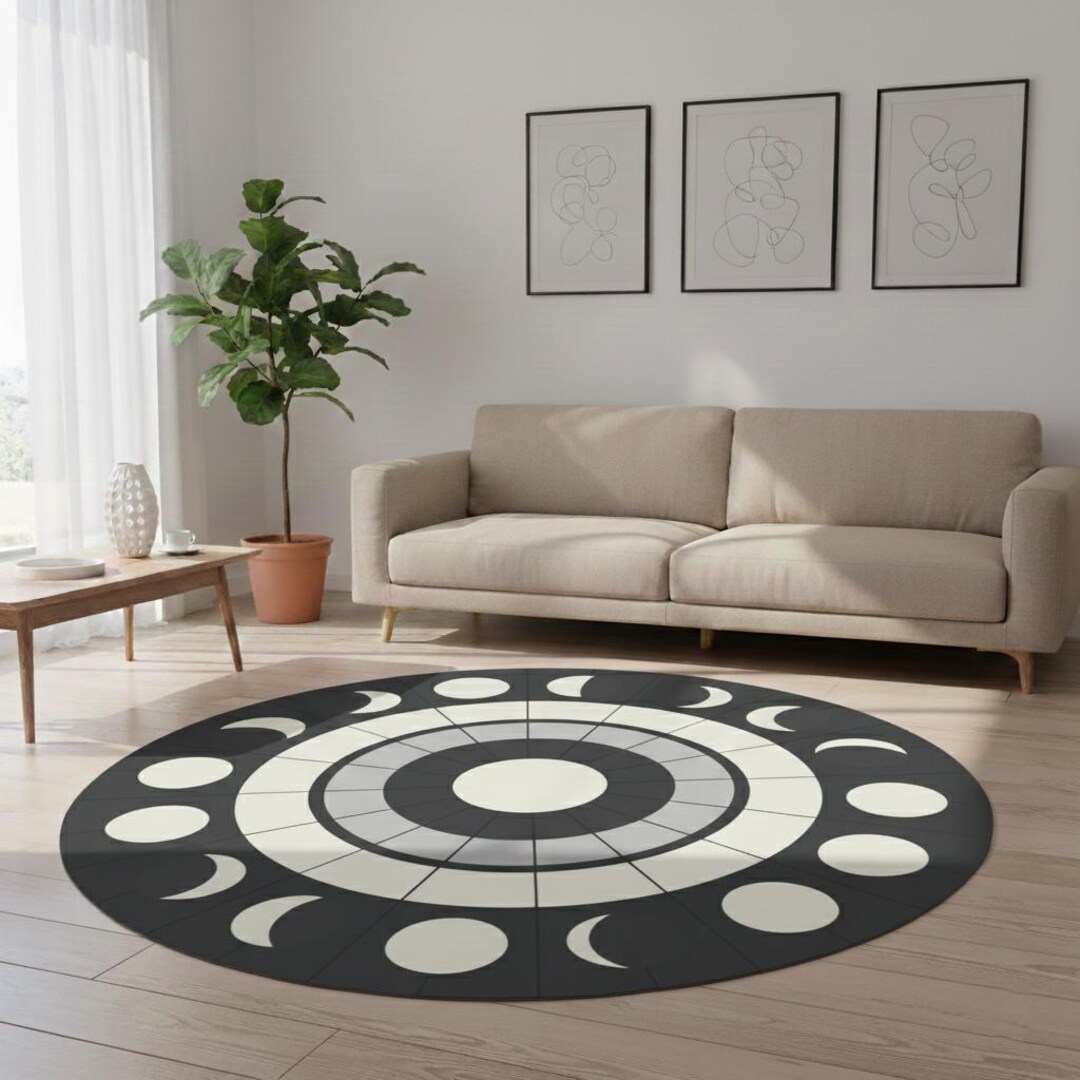 Moon Face Rug Minimalist Moon Phase Rug, Lunar Cycle Round Area Rug, Washable Non ...