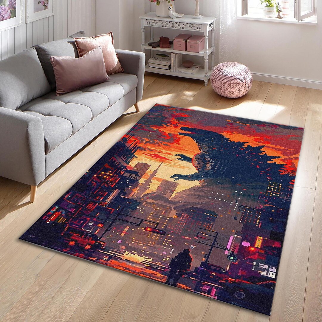 8 Bit Rug Retro Pixel Art Kaiju Rug, 8-bit Monster City Area Rug, Gaming Room ...