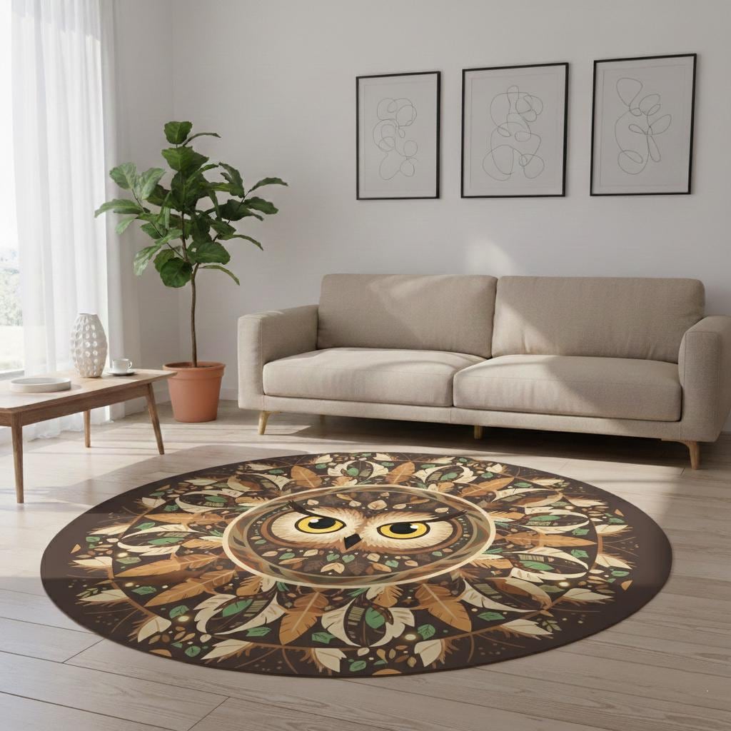 Woodland Owl Mandala Rug, Forest Feather Round Floor Mat, Washable Non-Slip Nursery Decor, Nature Lo