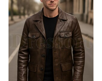 Men's Vintage Brown Leather Field Jacket – Four Pocket Safari Coat