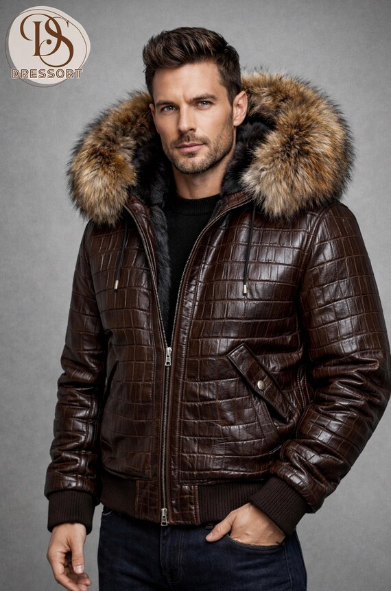 Men’s Genuine Sheepskin Leather Jacket Dark Brown – Crocodile Embossed Brown Bomber with Black Fur Lining & Real Fox Fur Hood Trim