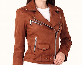 Brown Suede Leather Biker Jacket – Women's Moto Style, Belted