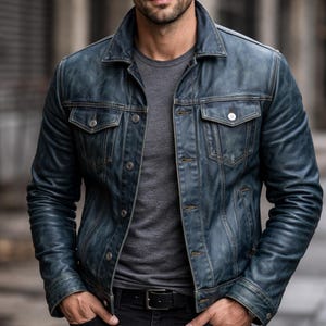 May include: A blue denim jacket with button fastenings and two chest pockets. The jacket is worn with a grey t-shirt and black jeans. The DRESSORT logo is visible in the upper left corner.