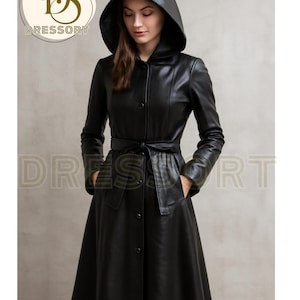 メンズ ブラックレザー トレンチコート フード付き | ゴシック