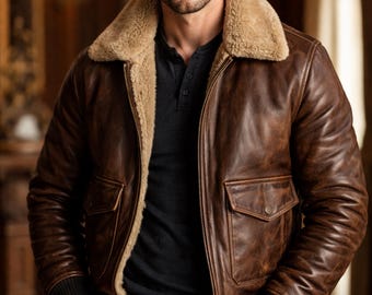 Herren Distressed Brown Leder Bomberjacke Kunstpelzkragen | Vintage Aviator Shearling Style Winter Oberbekleidung