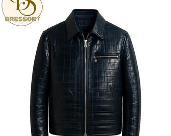 Herren Echtleder Krokodil Prägejacket Biker Navy Blue Alligator Print Jacke