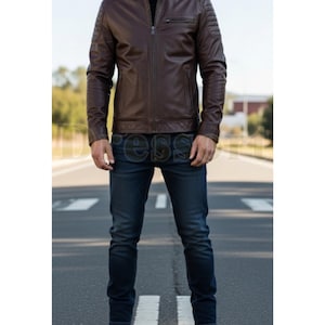 Men&#39;s Brown Leather Moto Jacket with Quilted Shoulders – Stylish & Durable Motorcycle Biker Jacket