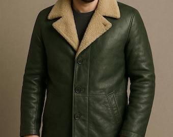 Abrigo largo de cuero verde para hombre / Cuello de piel sintética de oveja