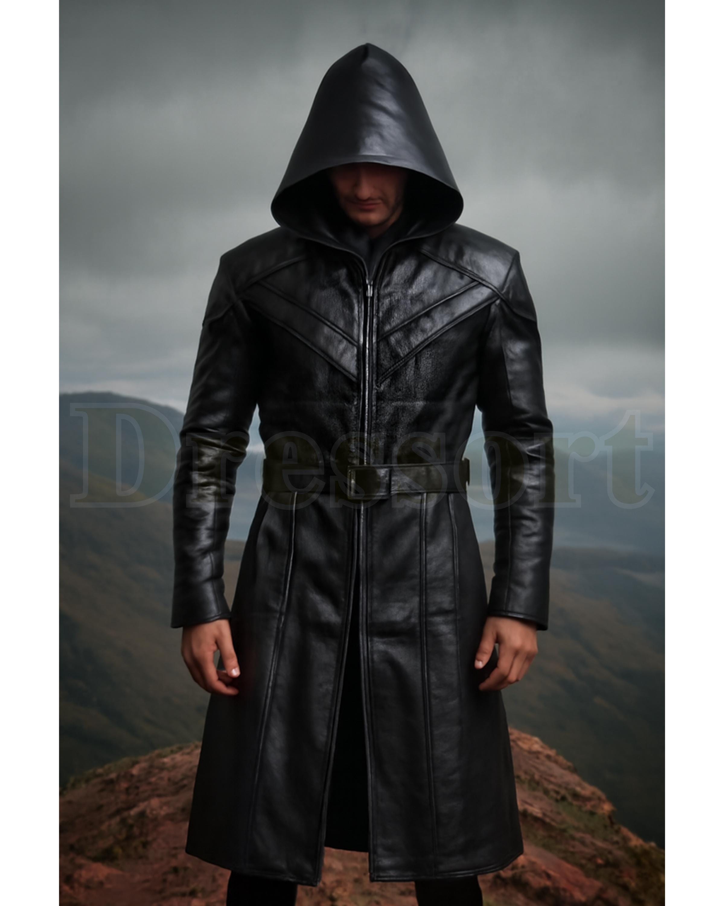メンズ ブラックレザー トレンチコート フード付き | ゴシック