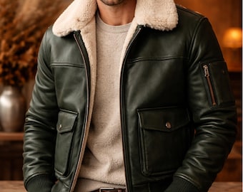 Chaqueta bomber de cuero verde para hombre con cuello de piel sintética / Chaqueta de aviador de invierno de cuero auténtico / Abrigo de vuelo clásico de motociclista