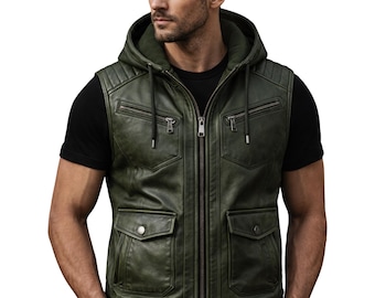 Men’s Green Real Leather Hooded Vest – Distressed Biker Sleeveless Jacket – Zip Front, Quilted Shoulders, Multi-Pocket Waistcoat
