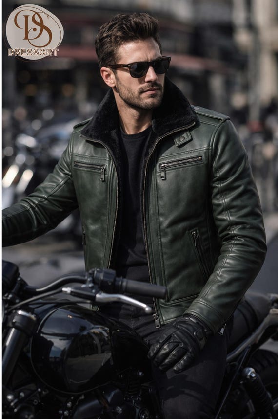 Men’s Dark Green Real Sheepskin Leather Biker Jacket | Thin Black Fur Lining | Premium Genuine Leather Moto Coat | Winter Warm Luxury Gift