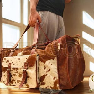 Handmade Genuine Cowhide Leather Duffel Bag – Tan & White Hair-On Travel Weekender Gym Bag, Unisex 20” Carry-On