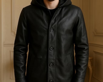 Cappotto lungo da uomo in vera pelle nera con cappuccio / Soprabito in vera pelle di lusso / Chiusura con bottoni / Elegante trench invernale