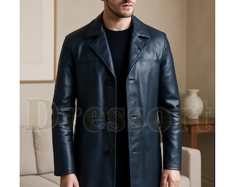 Navy Blue Lambskin Leather Trench Coat: Classic Double-Breasted Men's Coat